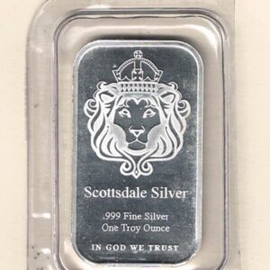 One Ounce Silver Bar Scottsdale Mint. All of our silver bars have been pre-owned and are in stock. This bar contains one ounce of 999 fine Silver.