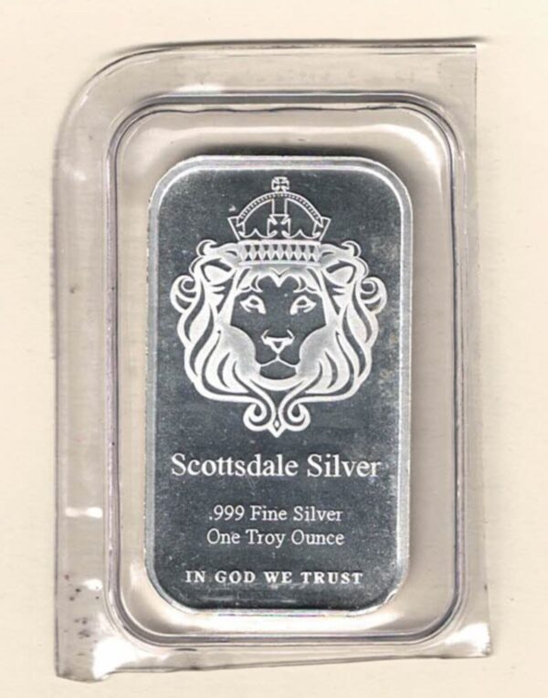 One Ounce Silver Bar Scottsdale Mint. All of our silver bars have been pre-owned and are in stock. This bar contains one ounce of 999 fine Silver.