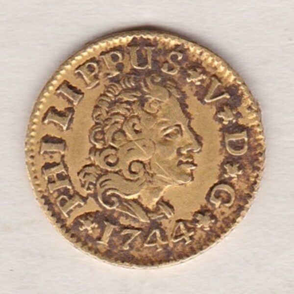 1744 Spain Gold Half Escudo coin. The portrait of King Philip V on the obverse. The reverse features crowned coat of arms of Spain.