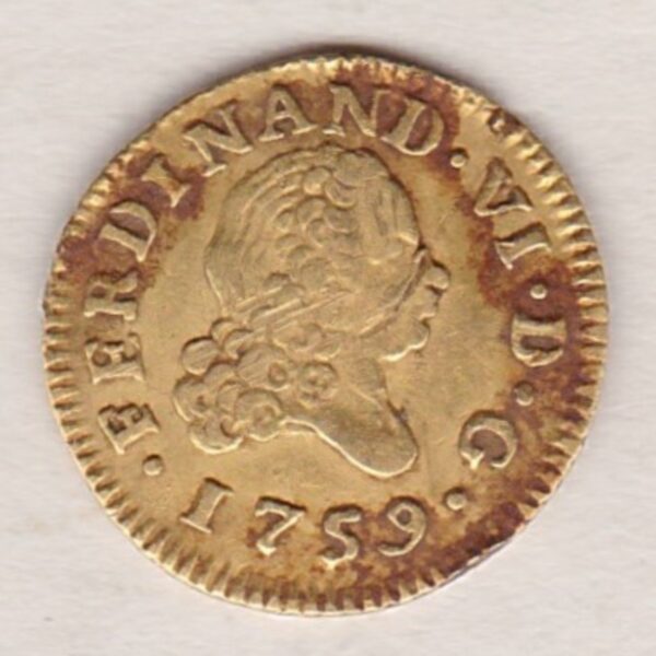 1759 Spain Gold Half Escudo coin. The portrait of King Ferdinand VI facing right on the obverse. The reverse features crowned coat of arms of Spain.