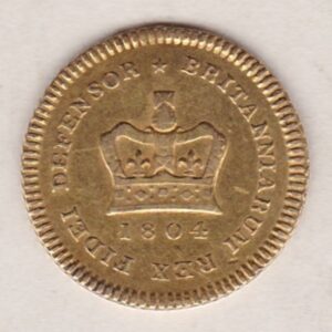 1804 Gold Third Guinea Coin featuring the laureate head portrait of King George III on the obverse. The reverse central crown with legend around and date.