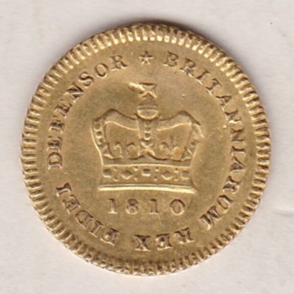 1810 Gold Third Guinea Coin featuring the laureate head portrait of King George III on the obverse. The reverse central crown with legend around and date.