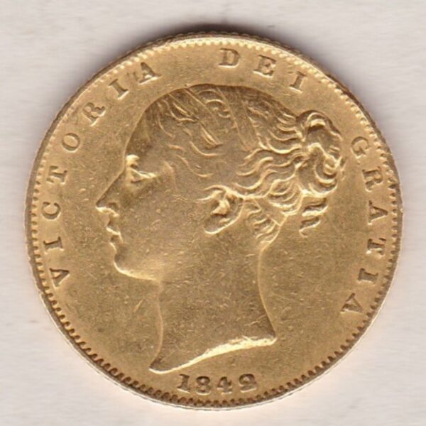 1842 Gold Sovereign Coin. The coin features a young head queen Victoria on the Obverse and the collectable shield design on the Reverse.