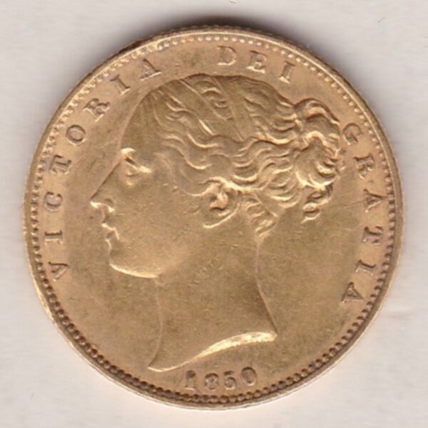 1850 Gold Sovereign Coin. The coin features a young head queen Victoria on the Obverse and the collectable shield design on the Reverse.