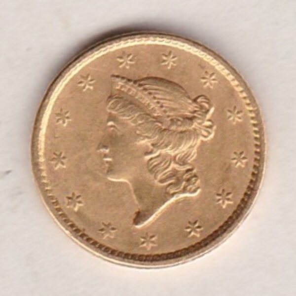 1852 USA Gold Dollar coin. This coin was struck in Philadelphia, the Liberty head design on the Obverse. The date on the Reverse.