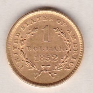 1852 USA Gold Dollar coin. This coin was struck in Philadelphia, the Liberty head design on the Obverse. The date on the Reverse.