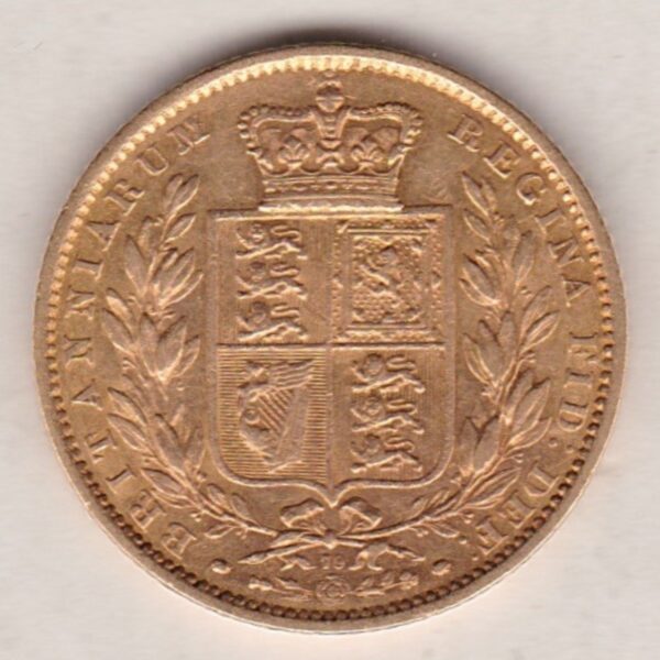 1864 Gold Sovereign Coin. The coin features a young head queen Victoria on the Obverse and the collectable shield design on the Reverse.