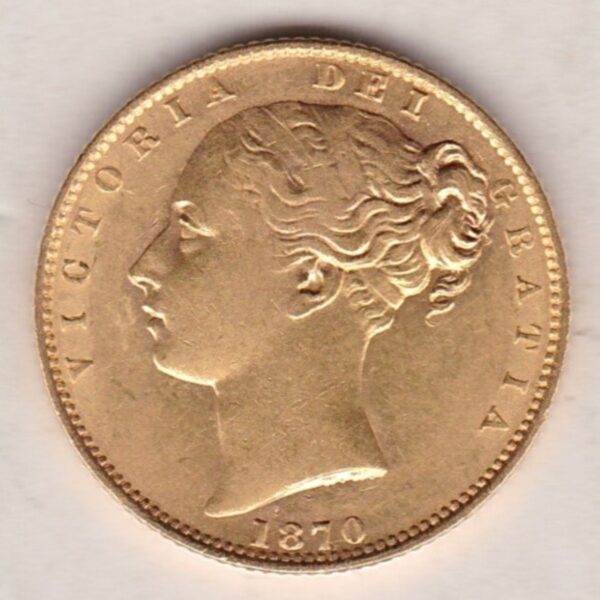 1870 Gold Sovereign Coin. Die number 91. The coin features a young head queen Victoria on the Obverse and the collectable shield design on the Reverse.