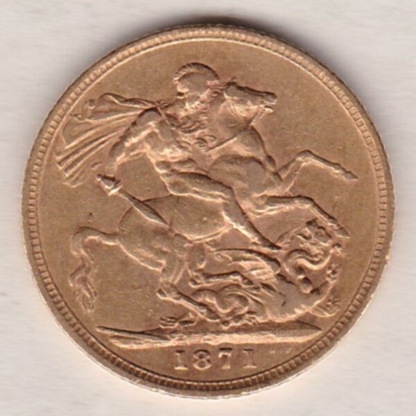 1871 Gold Sovereign Coin featuring Queen Victoria Young Head on the Obverse and St George & the Dragon on the Reverse. London Mint.