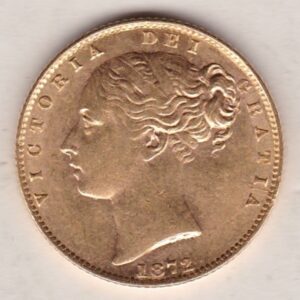 1872 Gold Sovereign Coin. No Die number. The coin features a young head queen Victoria on the Obverse and the collectable shield design on the Reverse.