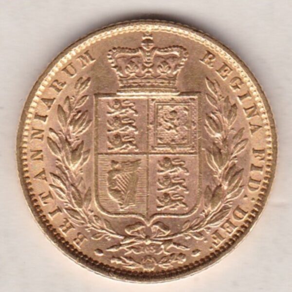 1873 Gold Sovereign Coin. Die number 103. The coin features a young head queen Victoria on the Obverse and the collectable shield design on the Reverse.