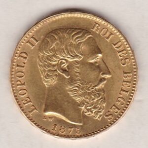 1875 Belgium France Gold Twenty Francs coin. featuring King Leopold II on the obverse. The coat of arms of Belgium on the reverse.