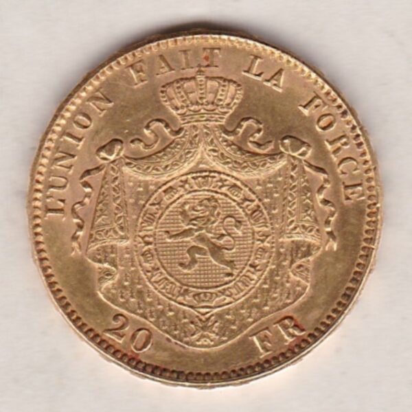 1875 Belgium France Gold Twenty Francs coin. featuring King Leopold II on the obverse. The coat of arms of Belgium on the reverse.