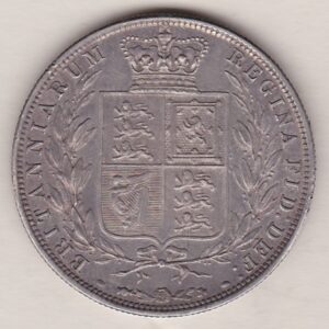 1880 Silver Halfcrown coin with young head Queen Victoria on the Obverse. Crowned square shield with laurel branches on the Reverse.