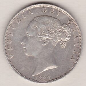 1882 Silver Halfcrown coin with young head Queen Victoria on the Obverse. Crowned square shield with laurel branches on the Reverse.