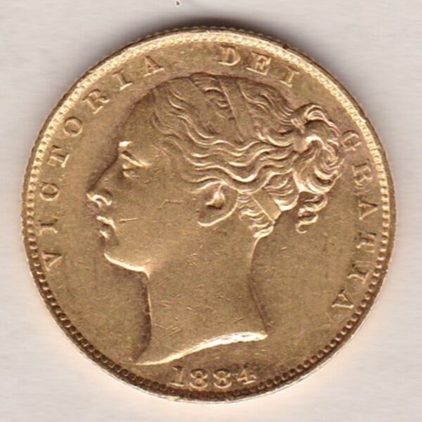 1884 M Gold Sovereign Coin features a young head queen Victoria on the Obverse and the collectable shield design on the Reverse.