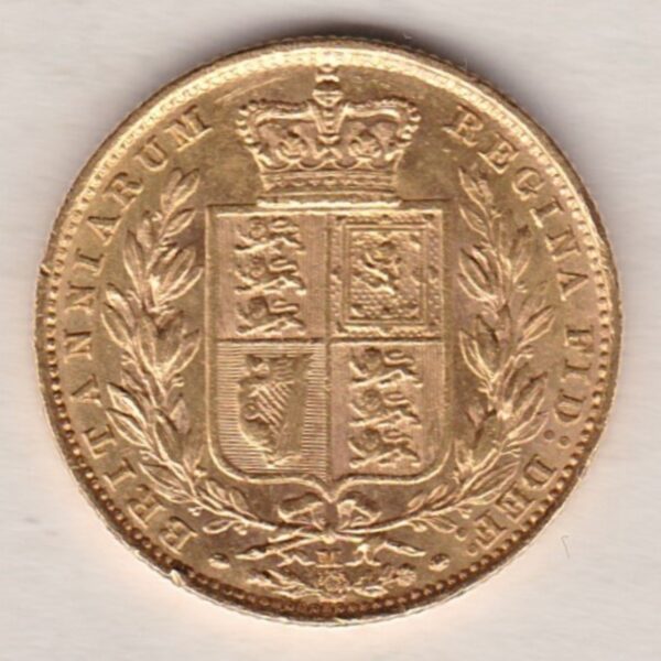 1884 M Gold Sovereign Coin features a young head queen Victoria on the Obverse and the collectable shield design on the Reverse.