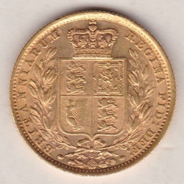 1887 S Gold Sovereign Coin features a young head queen Victoria on the Obverse and the collectable shield design on the Reverse.