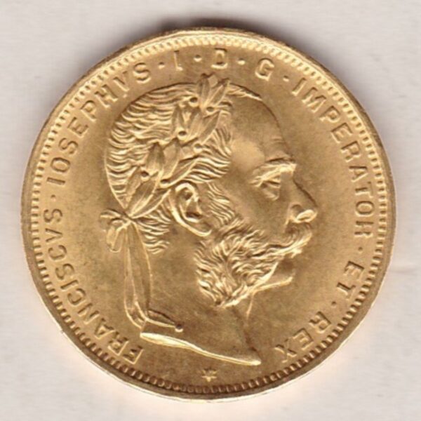 1892 Austria Gold 8 florins 20 franc featuring the portrait of Emperor Franz Joseph I on the Obverse. The double-headed imperial eagle is on the Reverse.