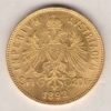 1892 Austria Gold 8 florins 20 franc featuring the portrait of Emperor Franz Joseph I on the Obverse. The double-headed imperial eagle is on the Reverse.