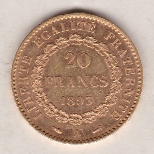 1893 A France Gold Twenty Francs coin featuring a guardian angel on the Obverse. The reverse side of the coin has the value and year surrounded by a wreath.