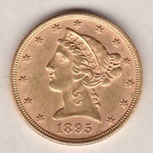 1895 USA Five Dollars coin struck in Philadelphia, the Coronet head design on the Obverse. The eagle on the Reverse. EF Condition.