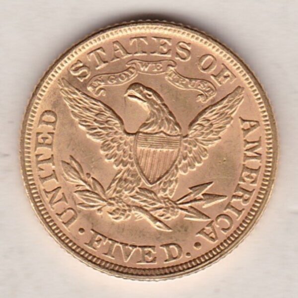 1895 USA Five Dollars coin struck in Philadelphia, the Coronet head design on the Obverse. The eagle on the Reverse. EF Condition.