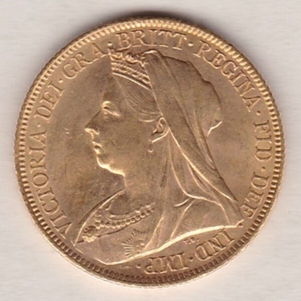 1899 S Gold Sovereign Coin featuring Queen Victoria Old Head on the Obverse and St George & the Dragon on the Reverse. Sydney, Australia Mint.