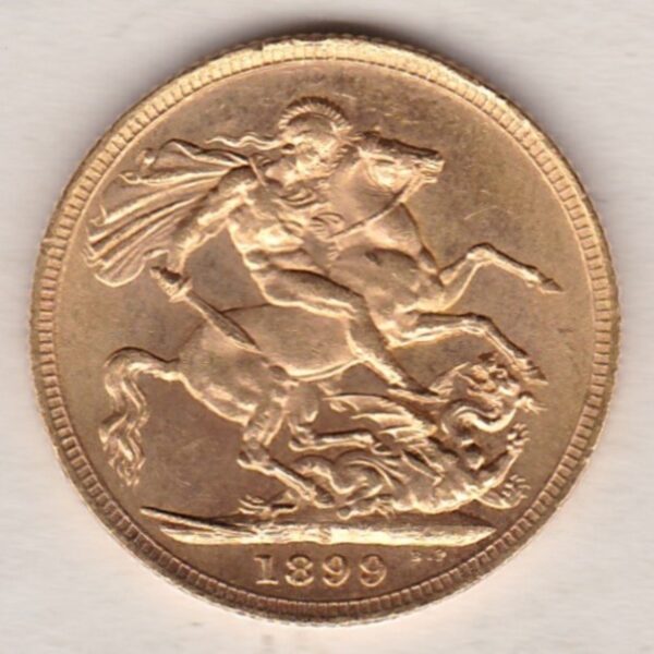 1899 S Gold Sovereign Coin featuring Queen Victoria Old Head on the Obverse and St George & the Dragon on the Reverse. Sydney, Australia Mint.