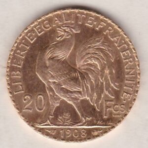 1908 France Gold Twenty Francs features the bust of Marianne, France's national symbol on the Obverse. The rooster is on the Reverse.