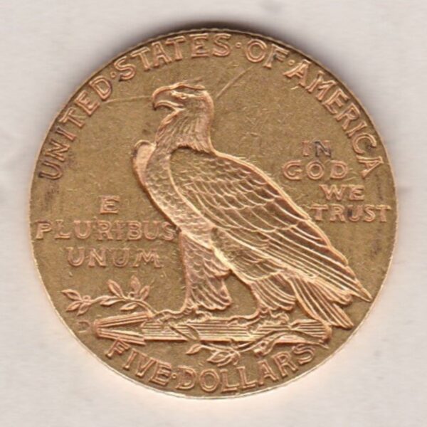 1909 D USA Five Dollars coin featuring D Denver mint mark, the Indian head design on the Obverse. The eagle on the Reverse.