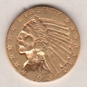 1913 USA Five Dollars coin featuring the Indian head design on the Obverse. The eagle on the Reverse. Gold five dollars coin.