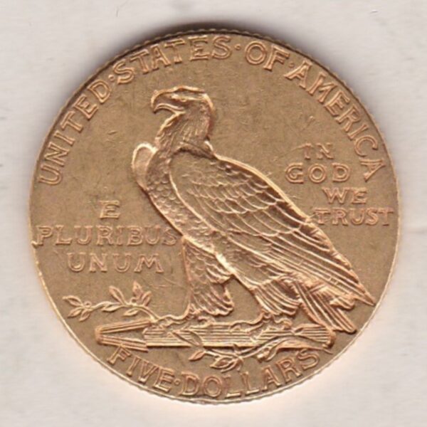 1913 USA Five Dollars coin featuring the Indian head design on the Obverse. The eagle on the Reverse. Gold five dollars coin.