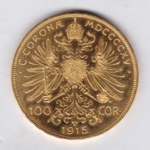 1915 Austria 100 Corona featuring the portrait of Emperor Franz Joseph I on the Obverse. The double-headed imperial eagle is on the Reverse.