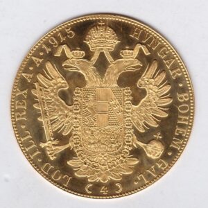 1915 Austria Gold Four Ducat featuring the portrait of Emperor Franz Joseph I on the Obverse. The double-headed imperial eagle is on the Reverse.