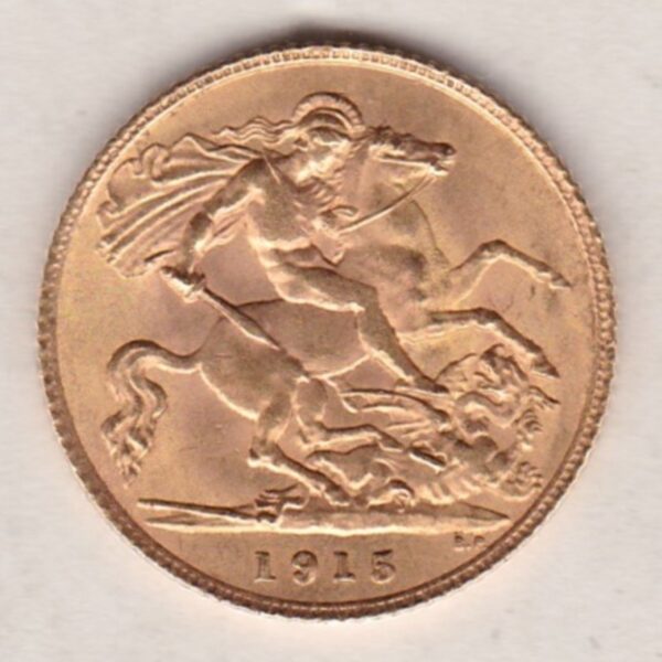 1915 Gold Half Sovereign coin featuring the portrait of King George V on the Obverse. St George and the dragon on the Reverse.