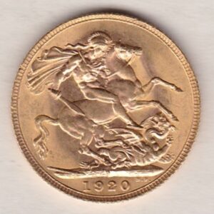 1920 P Gold Sovereign Coin. The coin features King George V on the Obverse. St George and the dragon on the reverse. The P - Perth, Australia mintmark.