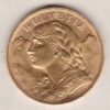 1922 B Switzerland Gold Twenty Francs coin features a female figure on the obverse. The Swiss shield surrounded by oak leaves on the Reverse.