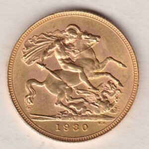 1930 SA Gold Sovereign Coin. The coin features King George V on the Obverse. St George and the dragon on the reverse. The SA Pretoria South Africa mintmark.