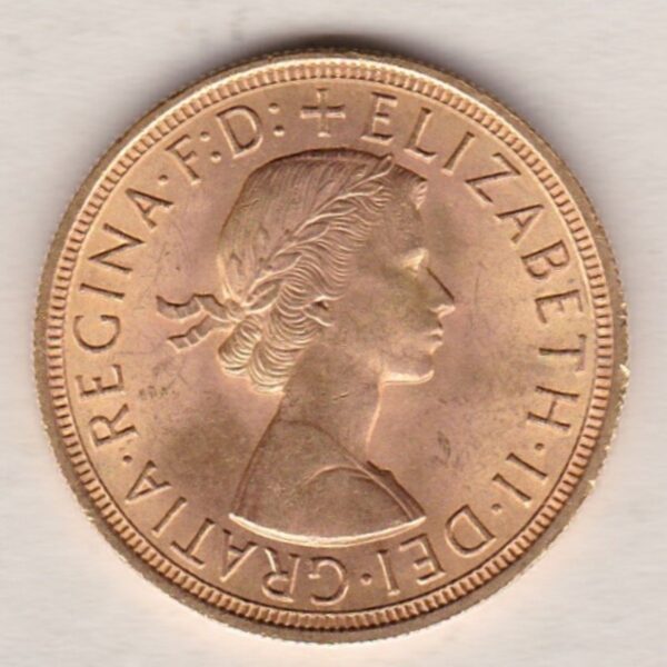 1957 Gold Sovereign Coin featuring the first portrait of Queen Elizabeth II on the Obverse. St George and the Dragon on the Reverse.