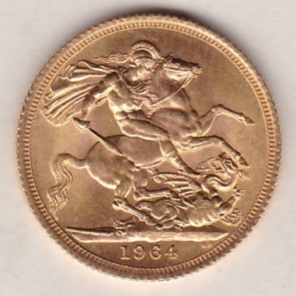 1964 Gold Sovereign Coin featuring the first portrait of Queen Elizabeth II on the Obverse. St George and the Dragon on the Reverse.