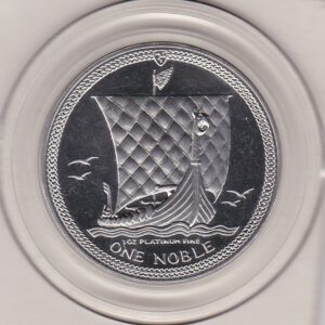 1986 Platinum One Ounce Isle Of Man Noble Coin. The coin features the portrait of Queen Elizabeth II on the obverse and a Viking boat on the reverse.