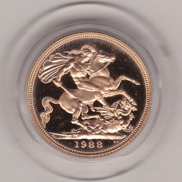 1988 gold proof sovereign coin featuring queen Elizabeth II on the Obverse & St George and the Dragon Reverse. This coin comes as issued by the royal mint.