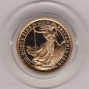 1990 Gold Proof Tenth Ounce Britannia coin featuring Queen Elizabeth II on the Obverse. The standing Britannia holding a trident features on the Reverse.