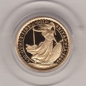 1999 Gold Proof Tenth Ounce Britannia coin featuring Queen Elizabeth II on the Obverse. The standing Britannia holding a trident features on the Reverse.