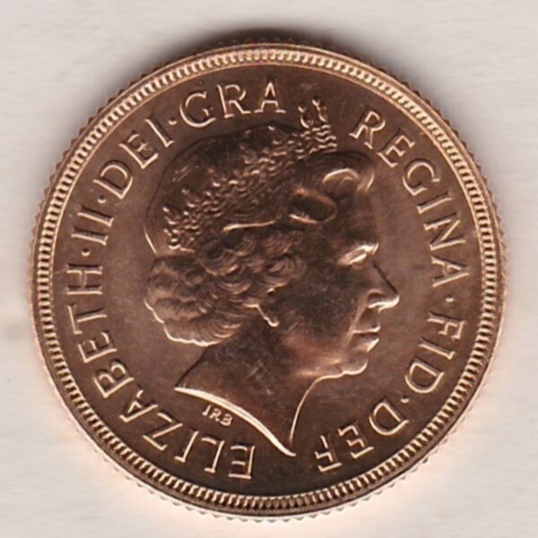 2002 gold sovereign coin featuring the fourth portrait of queen Elizabeth II on the Obverse & the unique golden jubilee reverse.