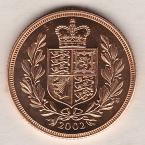 2002 gold sovereign coin featuring the fourth portrait of queen Elizabeth II on the Obverse & the unique golden jubilee reverse.