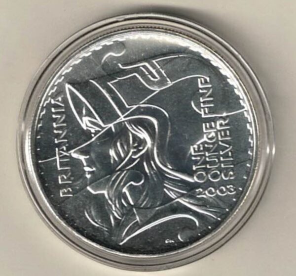 2003 Silver Britannia One Ounce Coin. The coin contains one ounce of fine silver. All of our silver coins have been pre-owned and are in stock.