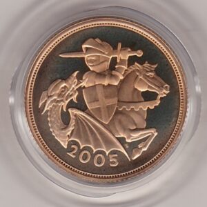 2005 gold proof sovereign coin featuring queen Elizabeth II on the Obverse & the modern interpretation of St George & the Dragon reverse.