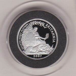 2007 Platinum Proof Quarter Ounce Britannia coin featuring Queen Elizabeth II on the Obverse. The seated figure of Britannia on the Reverse.